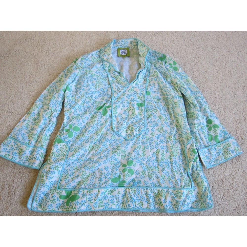 Elizabeth McKay Green Blue Butterfly Floral Tunic Top Womens XL